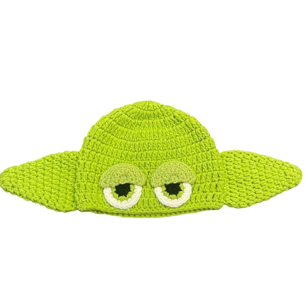 Handmade Crochet Beanie Baby OS Green Alien Grogu Cosplay Knit Hat Pointed Ears